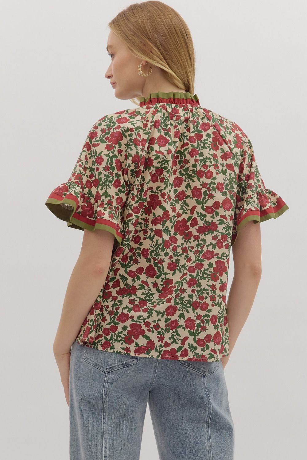 T28016 Floral Print Short Ruffle Sleeve Top