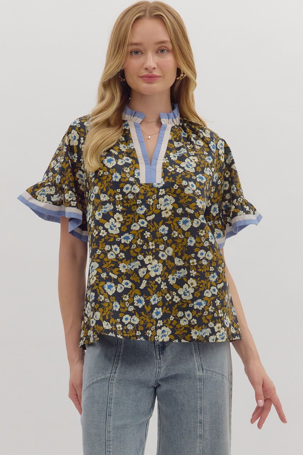 T28016 Floral Print Short Ruffle Sleeve Top