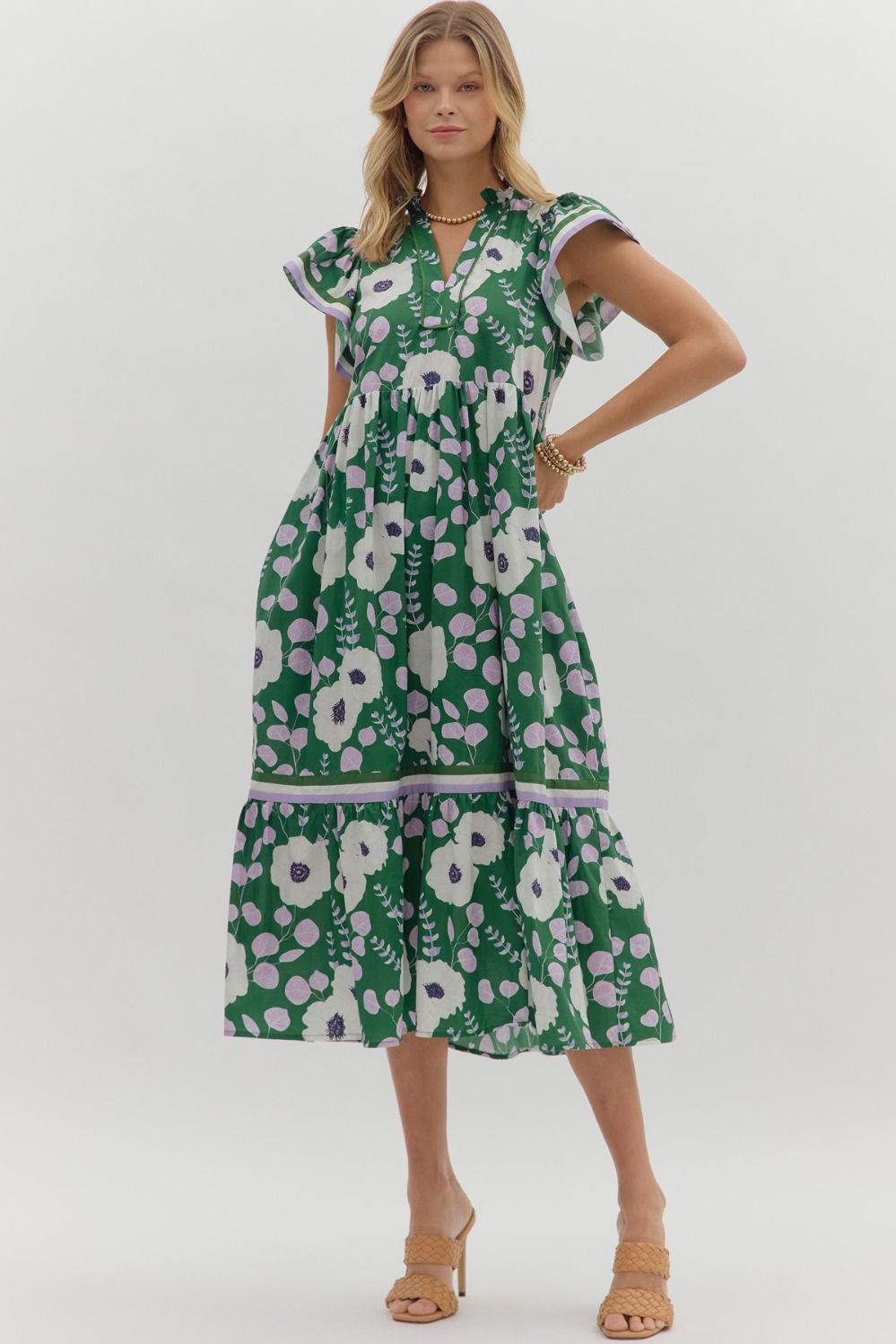 D28051 Floral Print Flutter Sleeve Midi Dress
