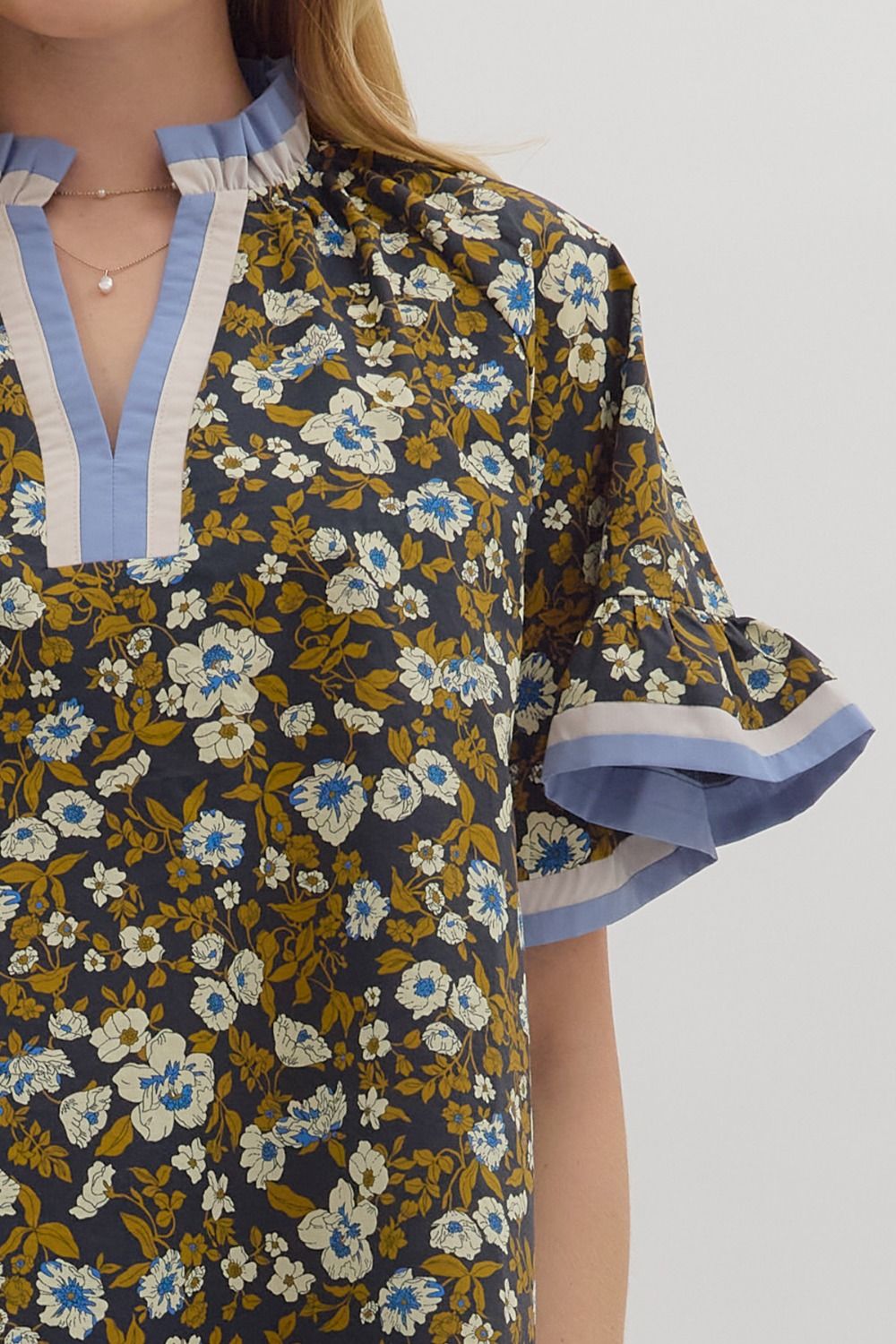 T28016 Floral Print Short Ruffle Sleeve Top