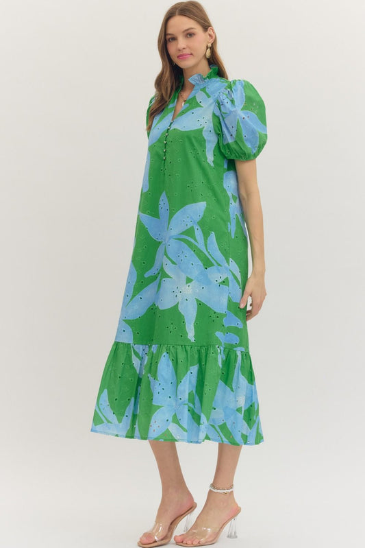 D30894 Botanical Print Eyelet Midi Dress