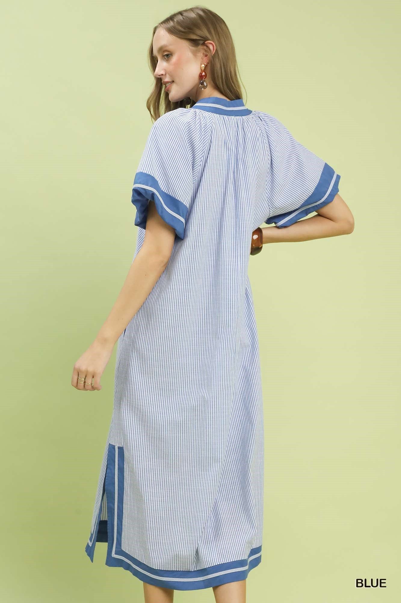 K2097 Pinstripe Contrast Trim Midi Dress