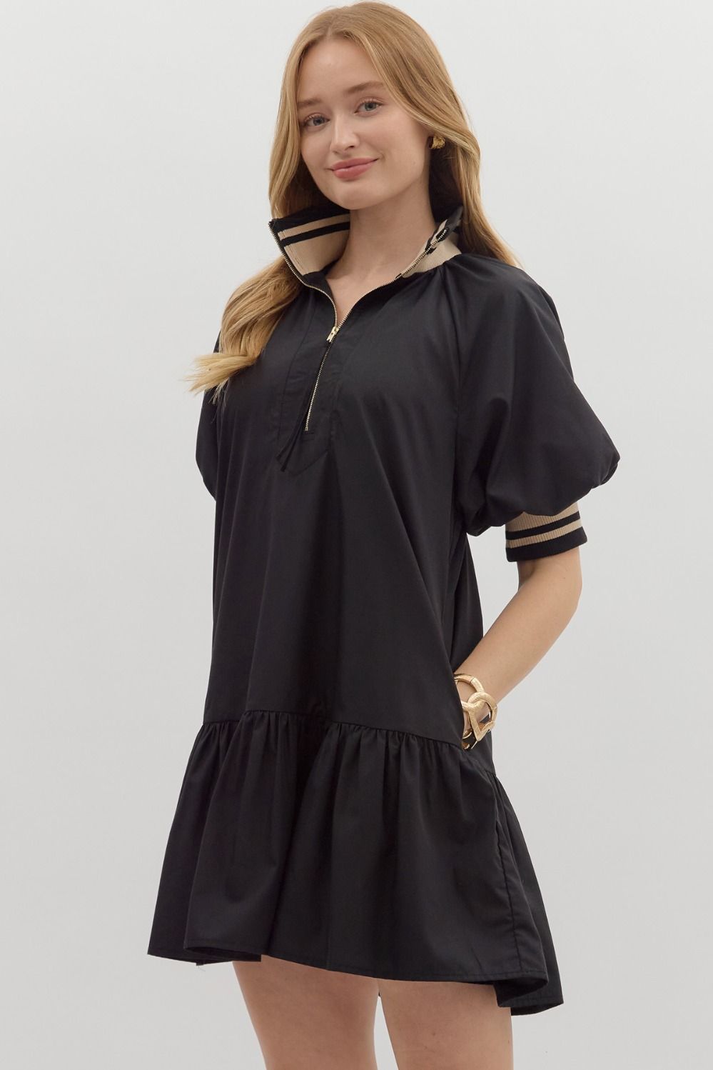D27625 Solid Puff Sleeve Mini Dress