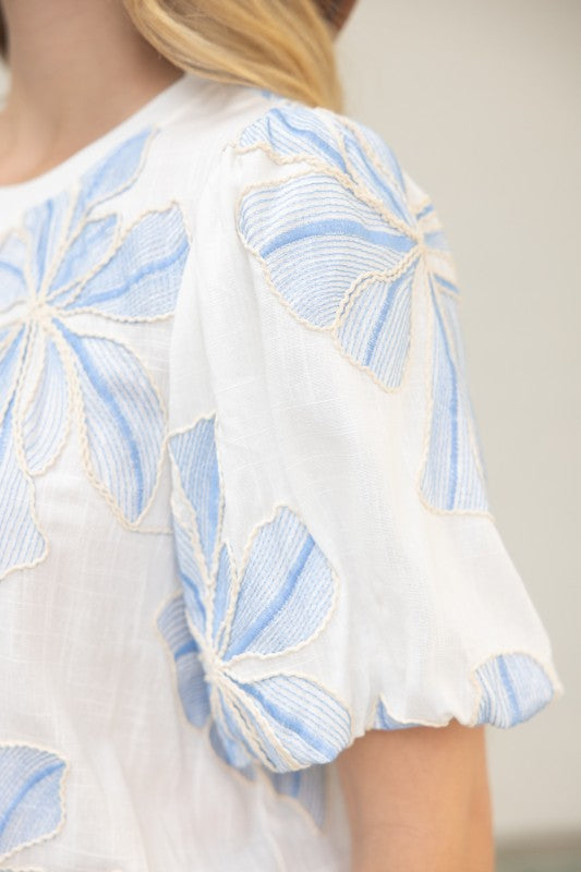 36711 Contrast Band Detailed Floral Embroidery Top