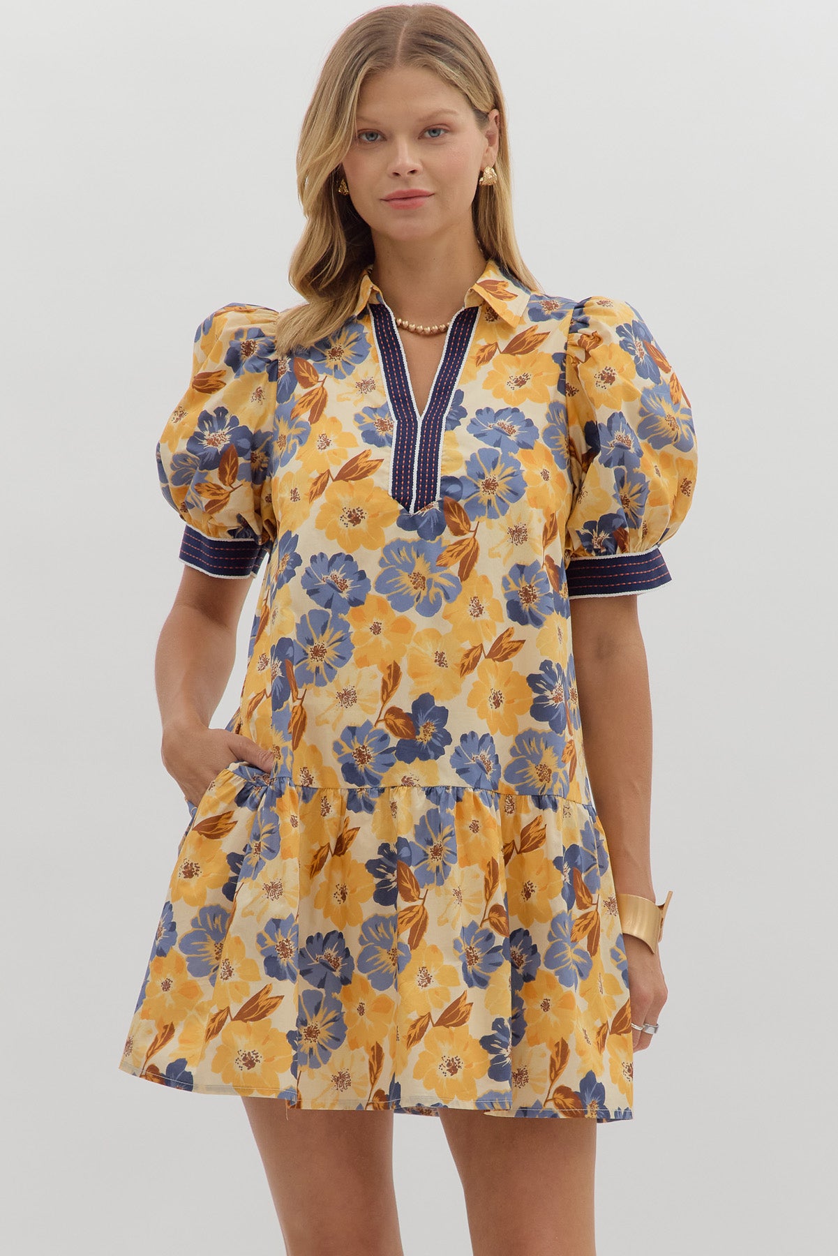 D27992 Floral Print Bubble Sleeve Mini Dress