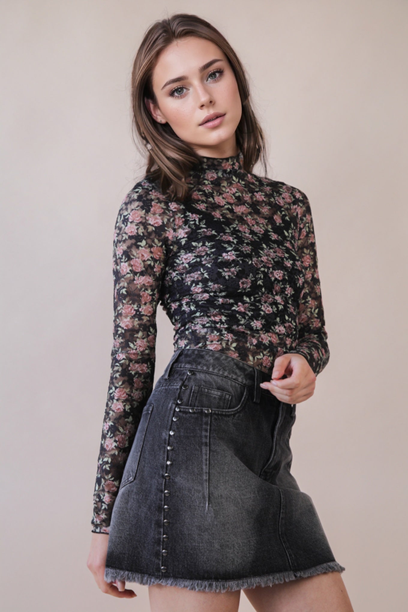 NT12220 Fitted Sheer Mesh Lace Top