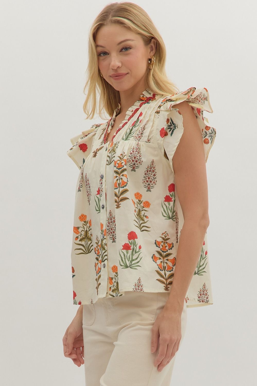 T28232 Botanical Print Flutter Sleeve Top