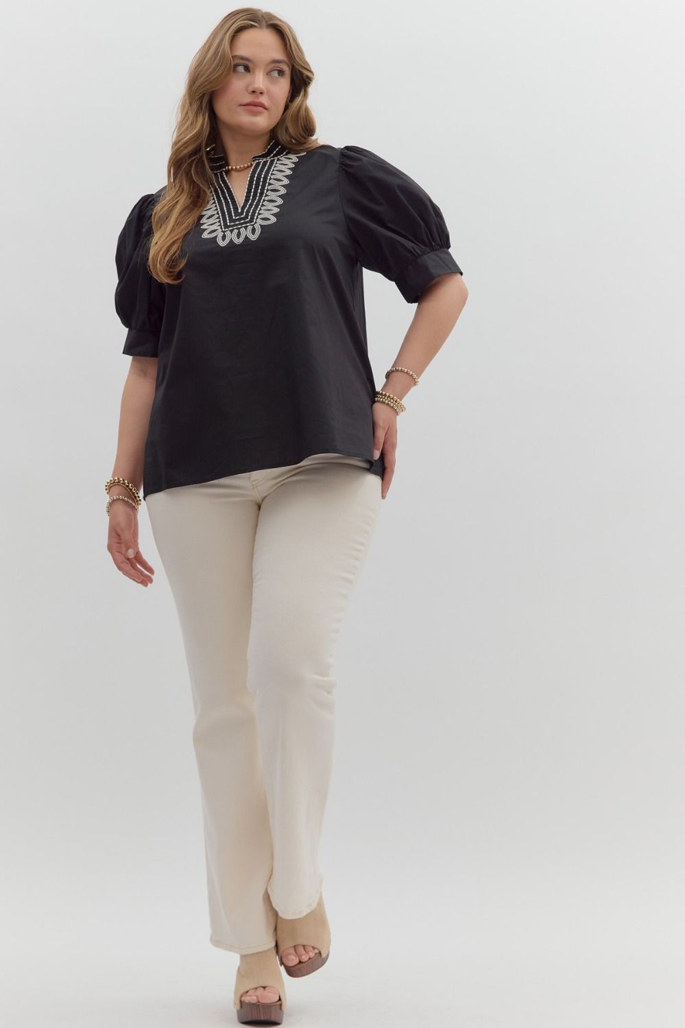 T27464P Curvy Solid Puff Sleeve Top