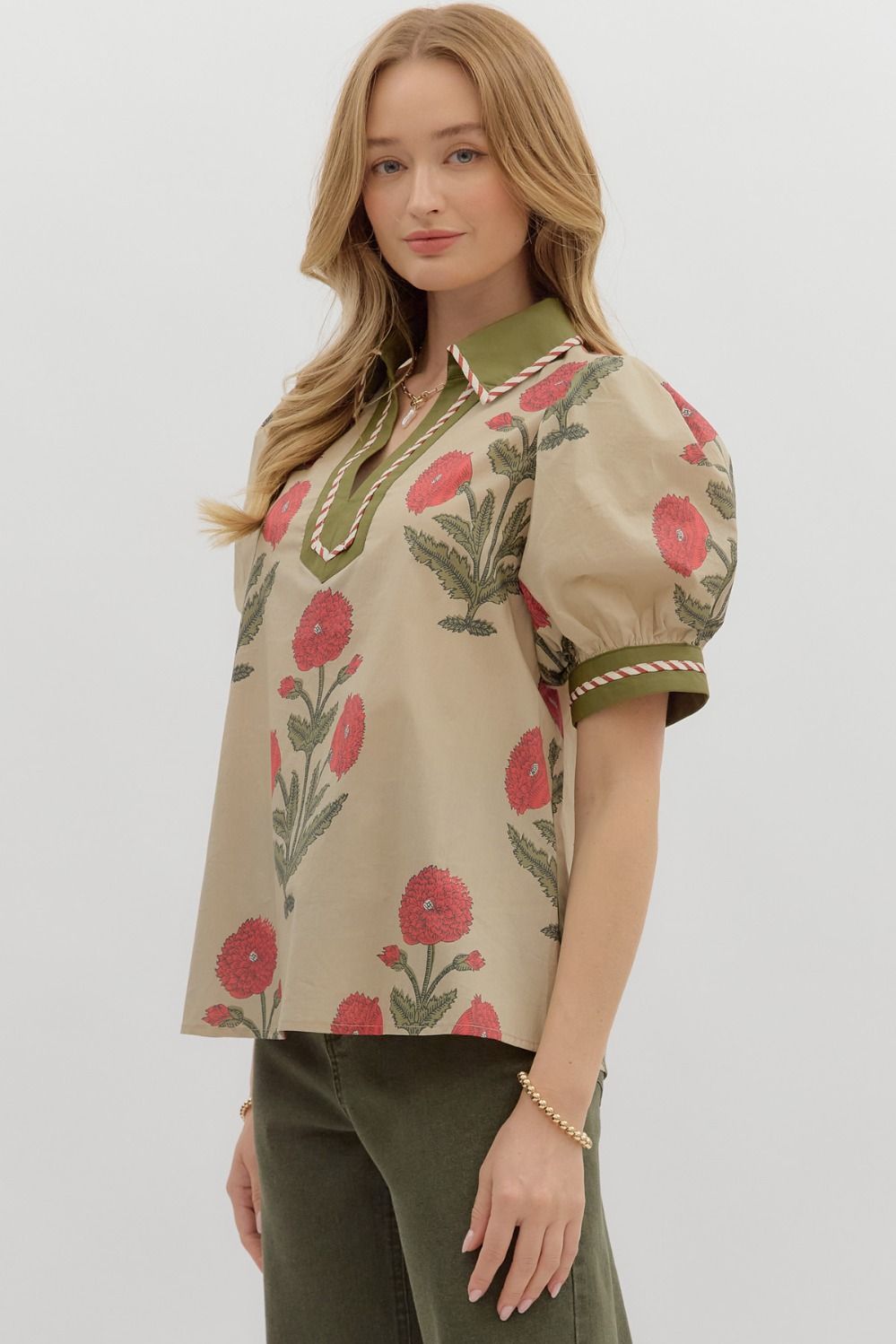 T27875 Floral Bubble Sleeve Top
