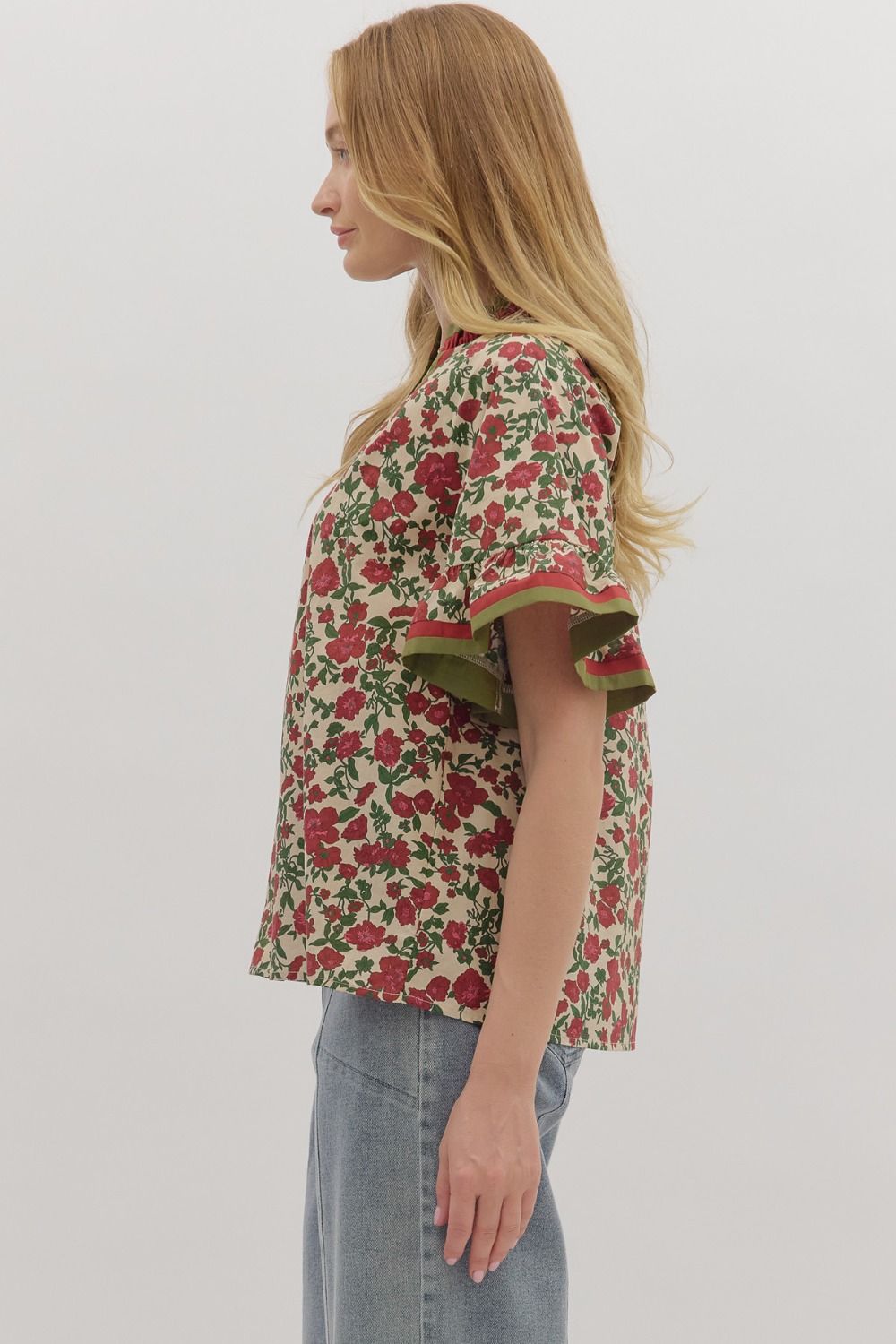 T28016 Floral Print Short Ruffle Sleeve Top