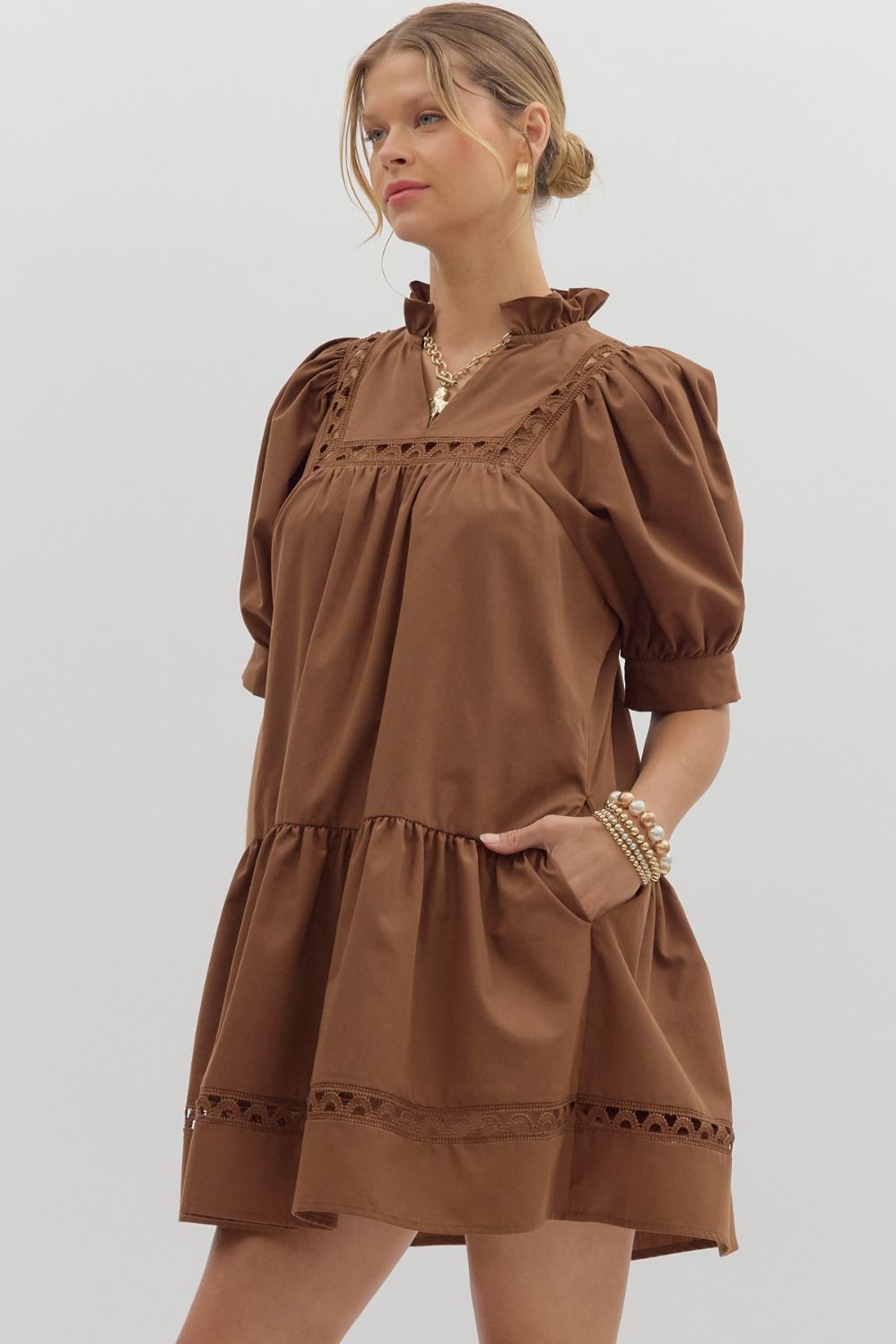 D27502 Solid Ruffle Hem Mini Dress