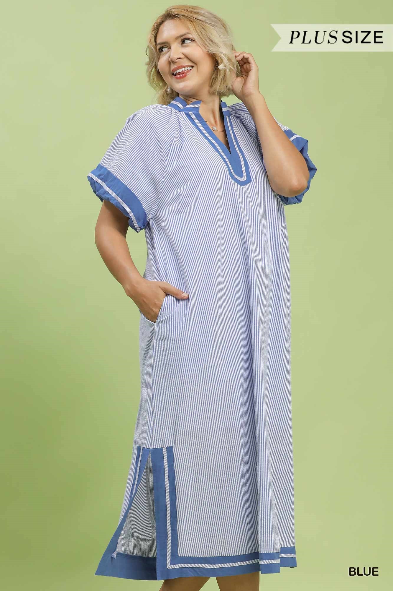 WK2097 Curvy Pinstripe Contrast Trim Midi Dress Blue / 1XL