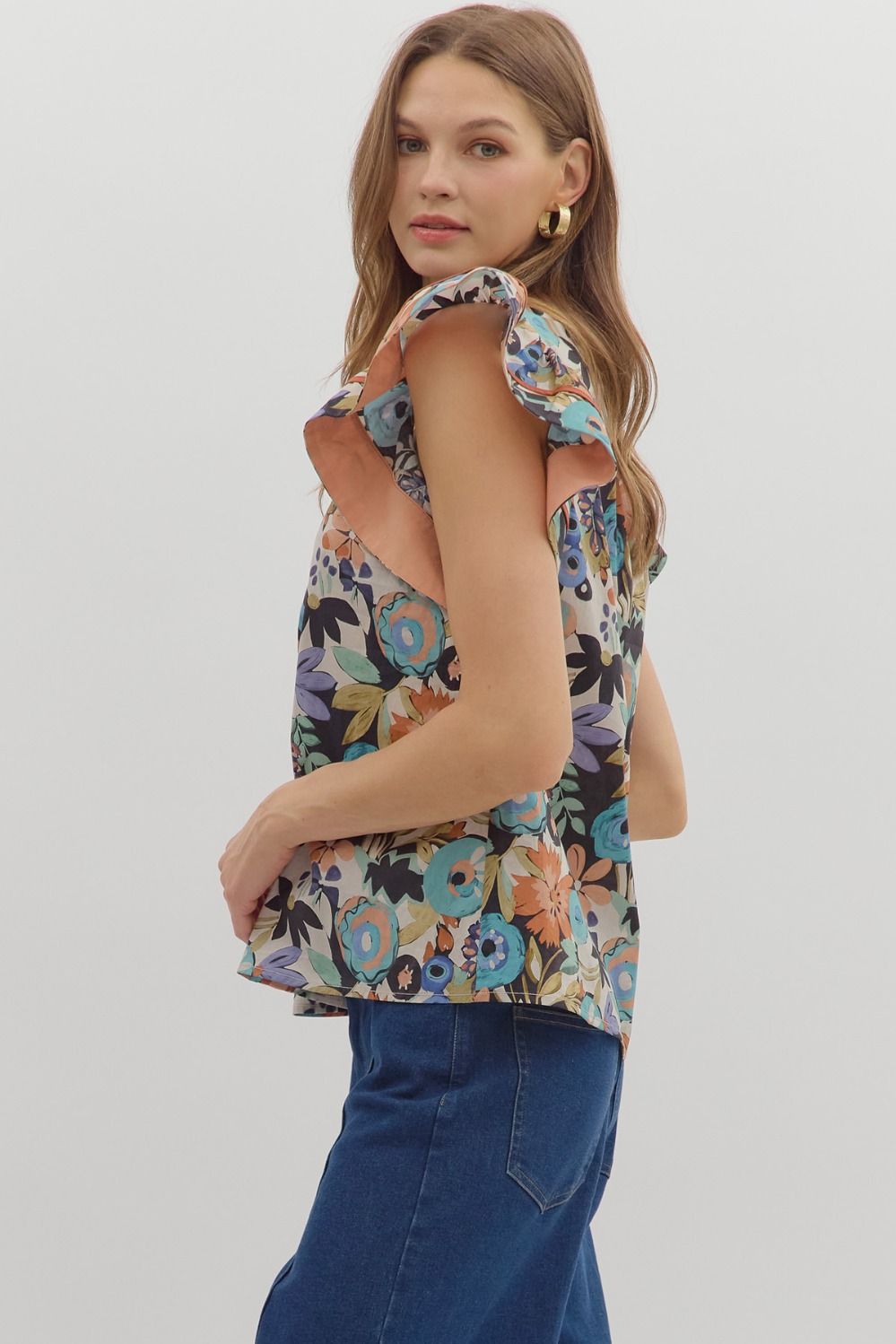 T28208 Multi Floral Print Top