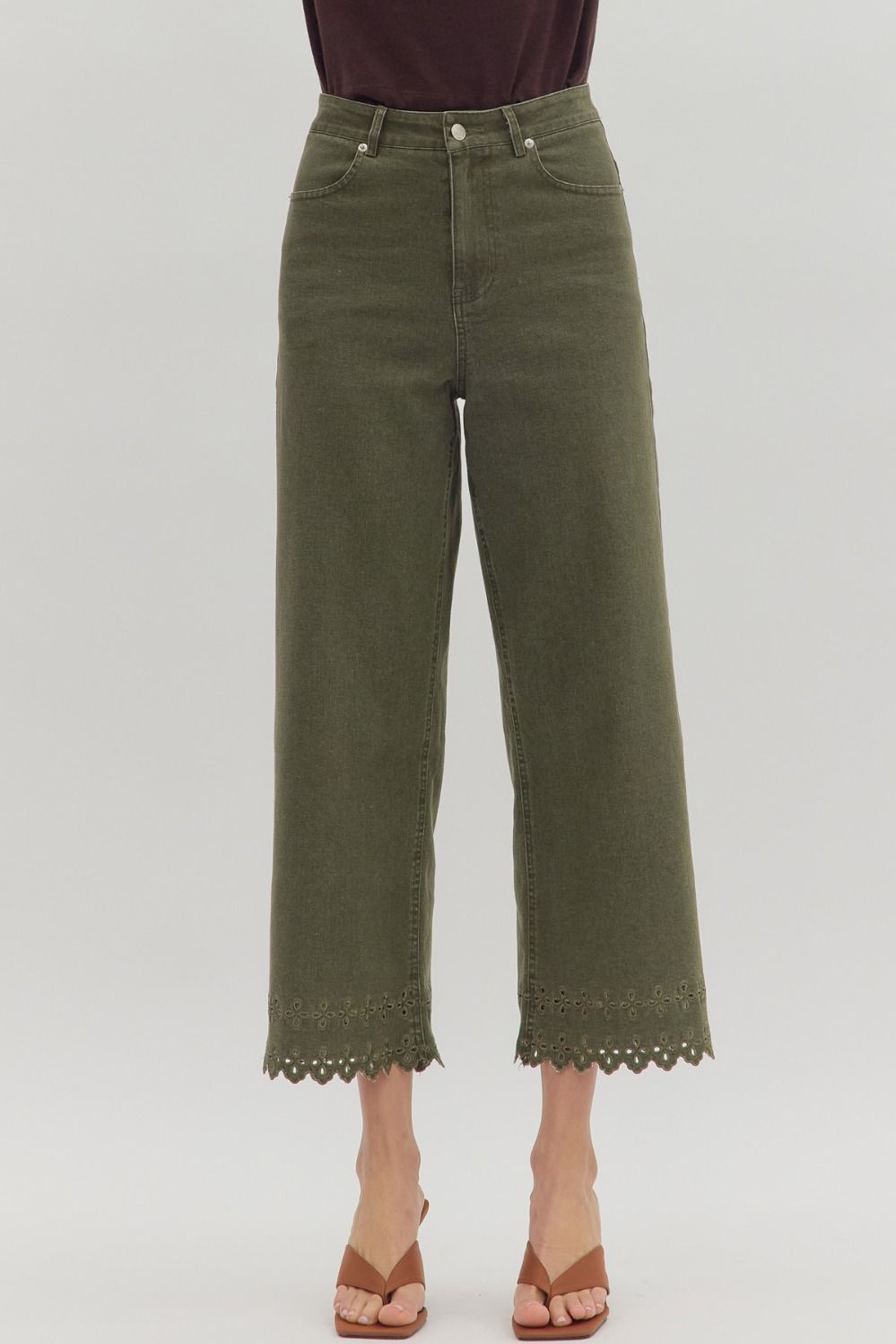P26396 Floral Embroidered Border Hem Pants