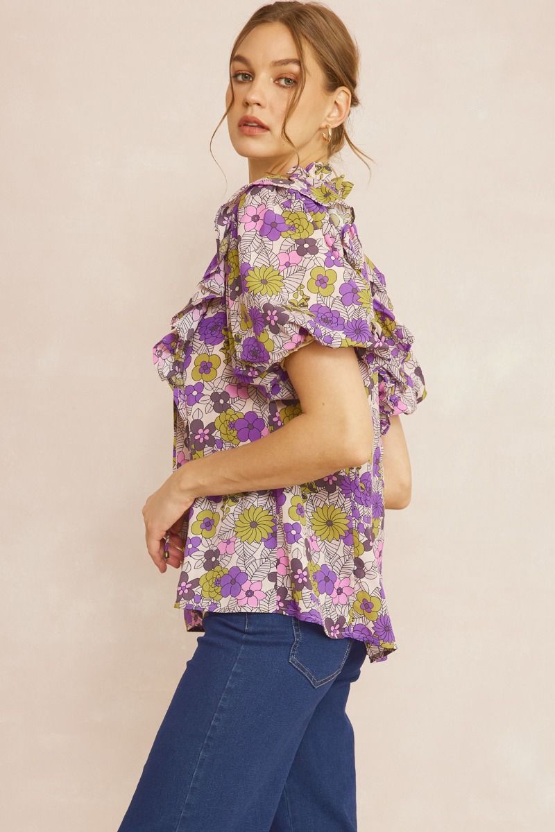 T21322 Floral Print V-Neck Top