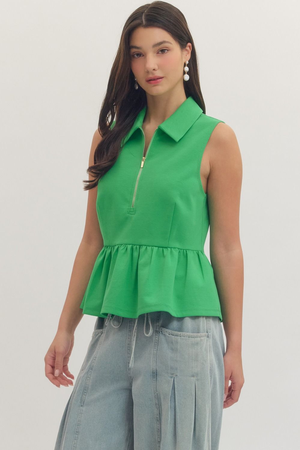 T30057 Solid Sleeveless Peplum Top