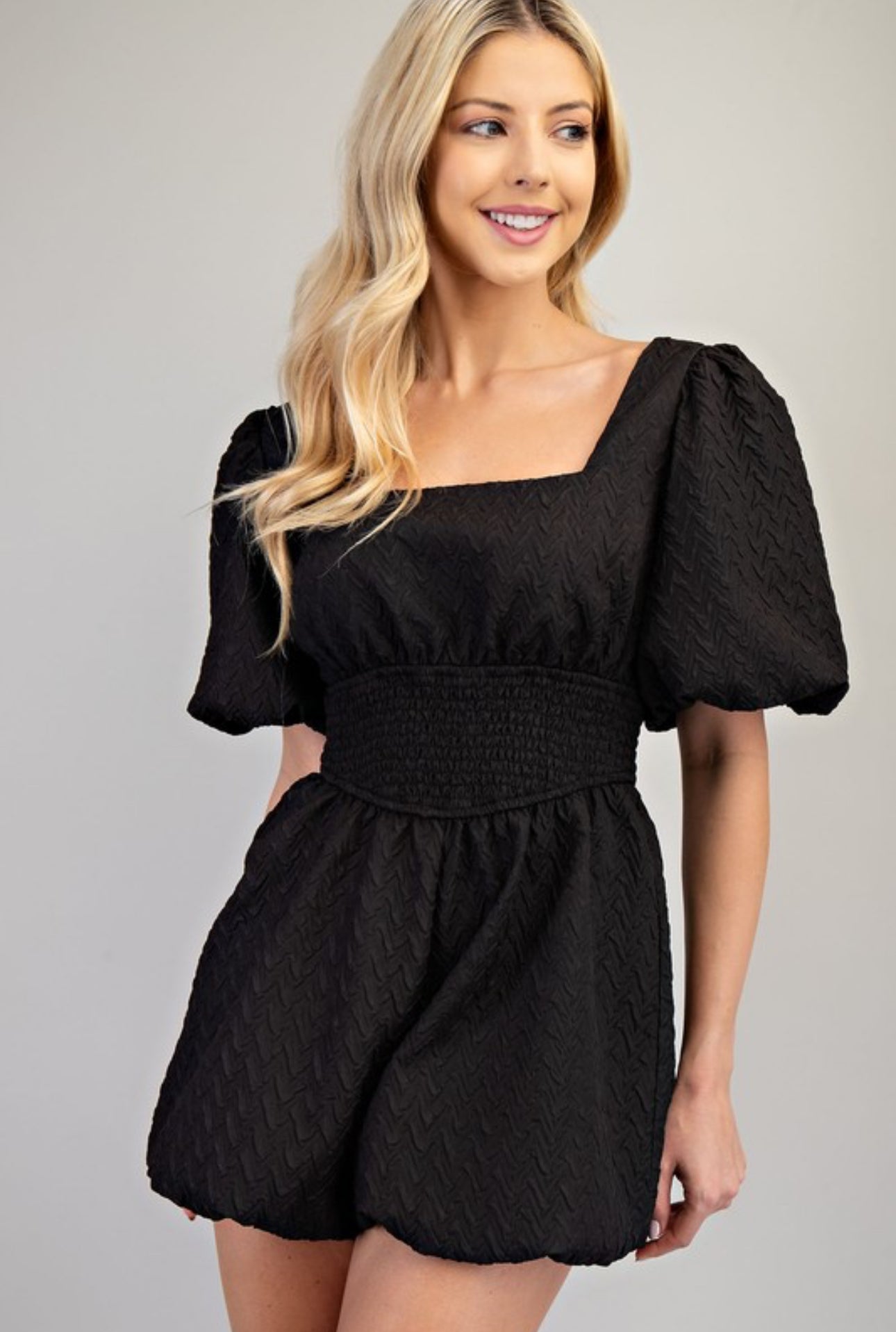 GP7376 Puff Sleeve Smocked Romper