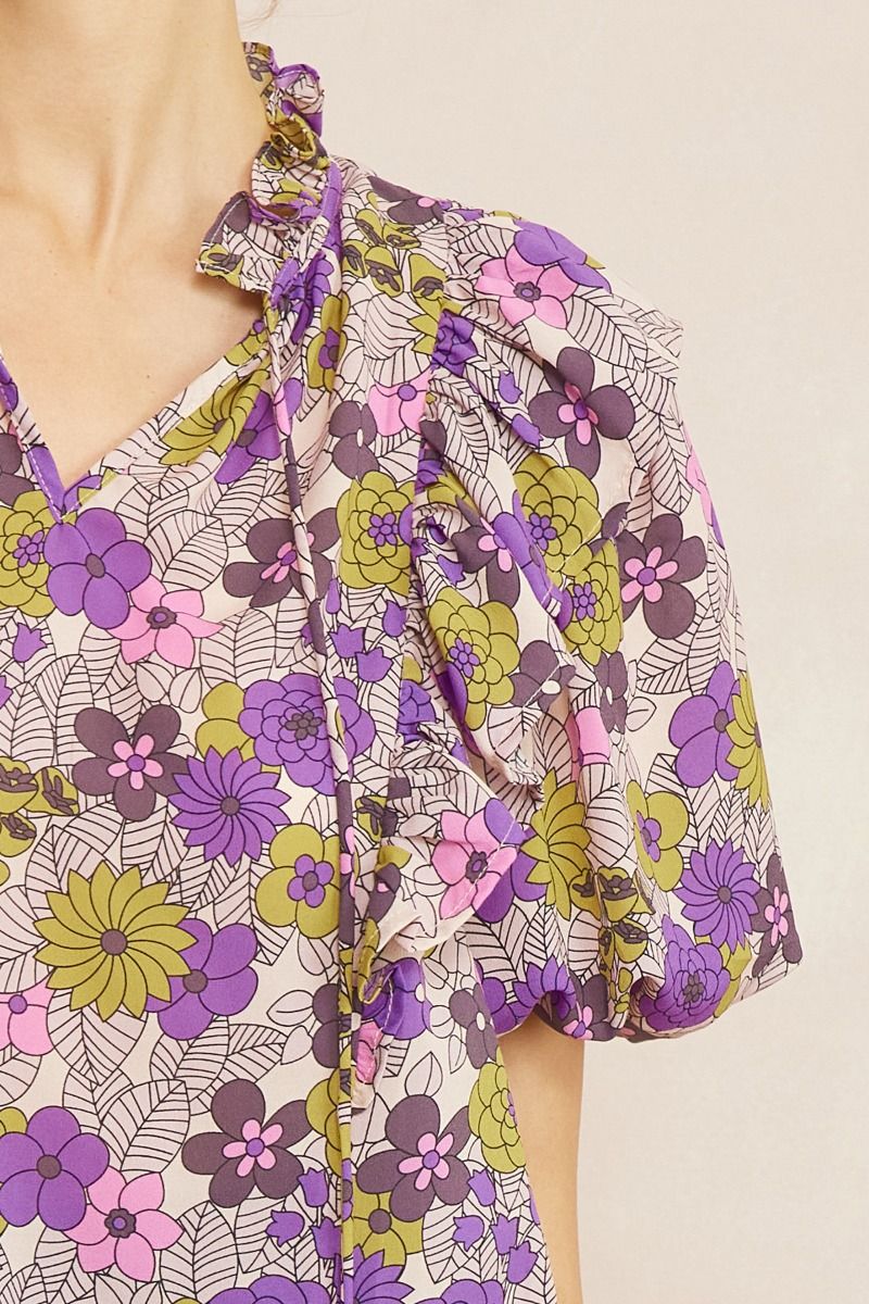 T21322 Floral Print V-Neck Top