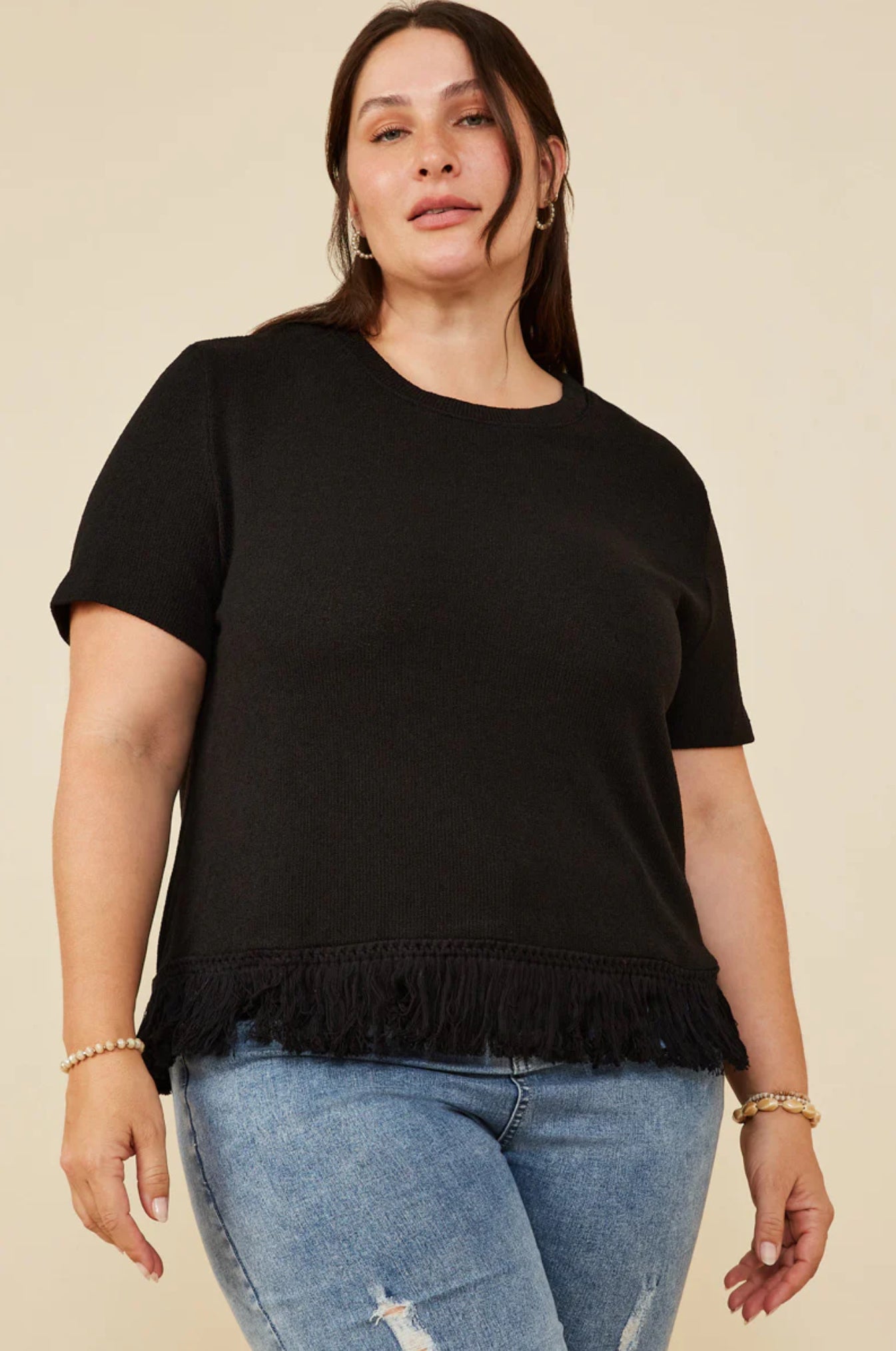 HY8429W Curvy Fringed Tassel Hem Top