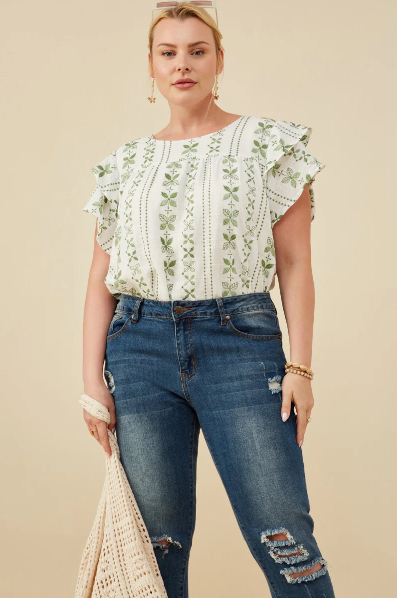 HY8625W Curvy Botanical Embroidered Top