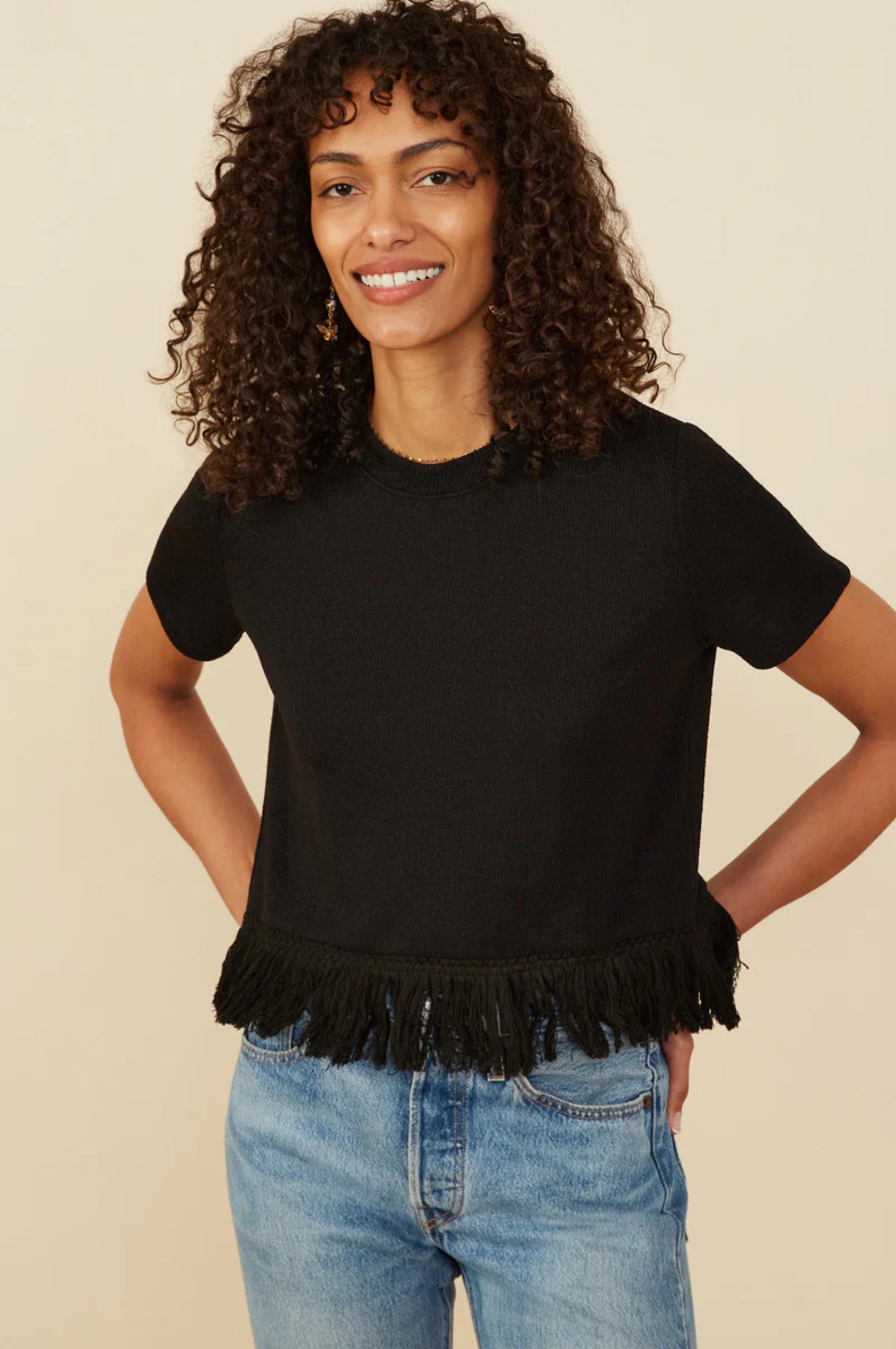 HY8429 Fringed Tassel Hem Top