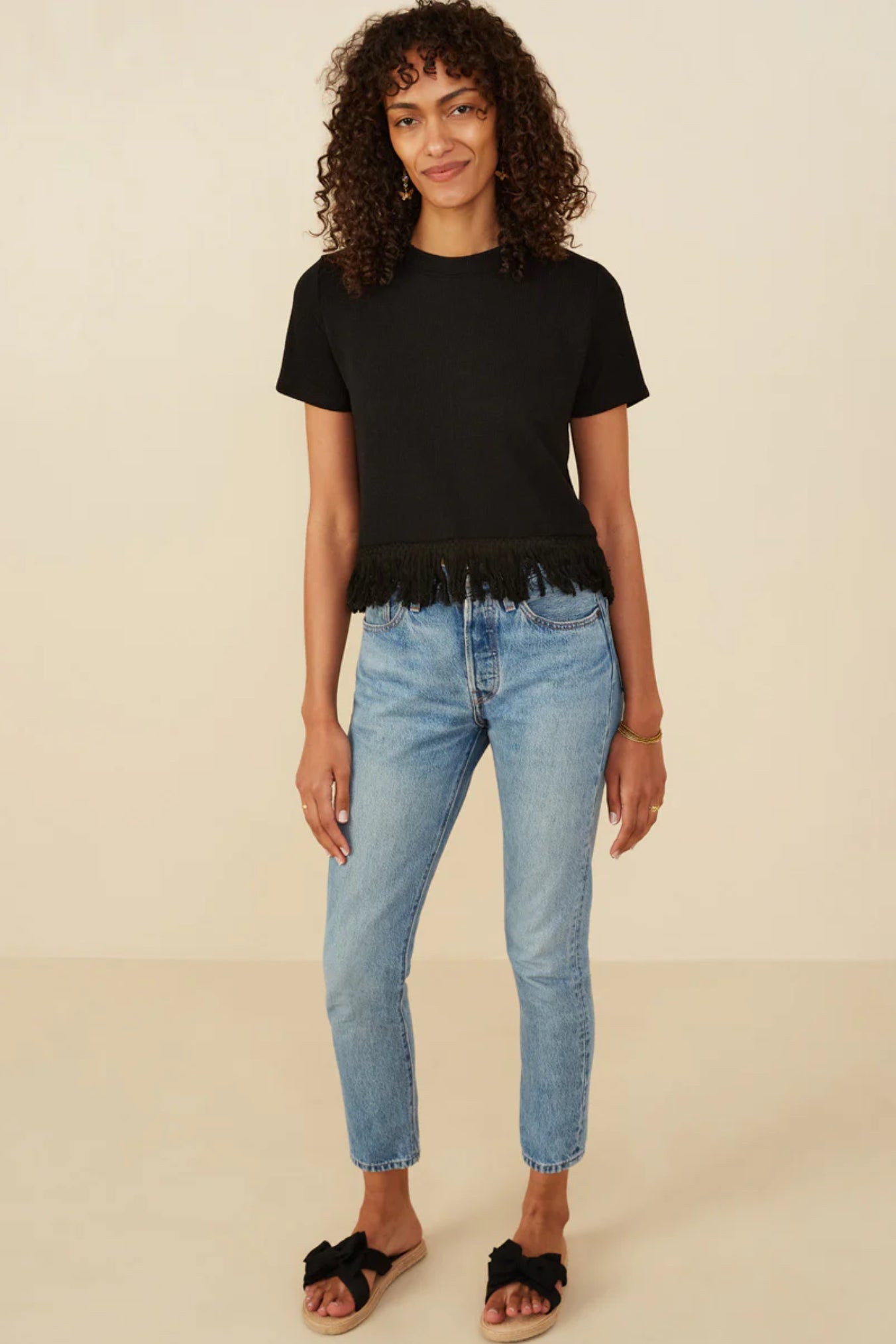 HY8429 Fringed Tassel Hem Top