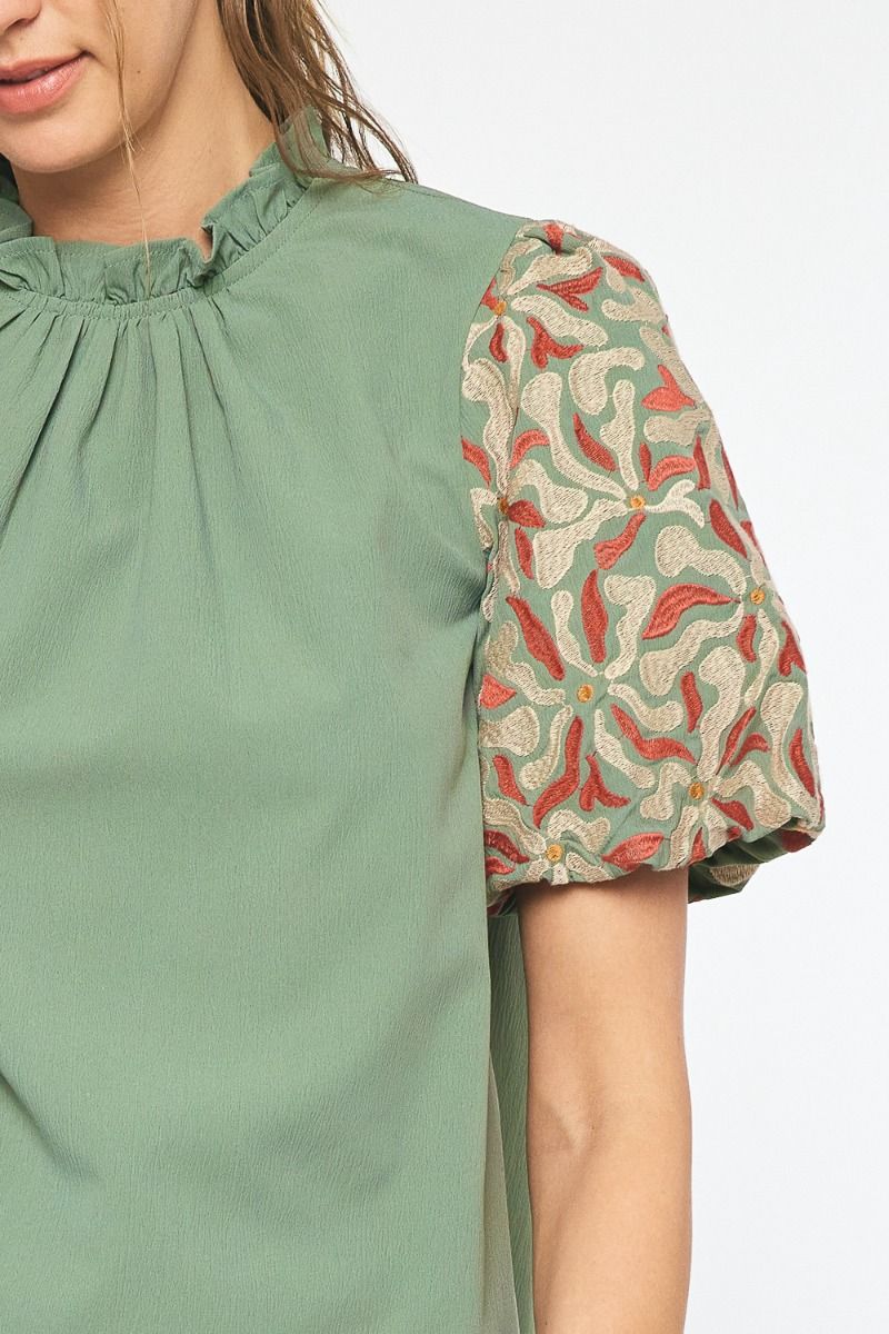 T21585 Mock Neck Puff Sleeve Top