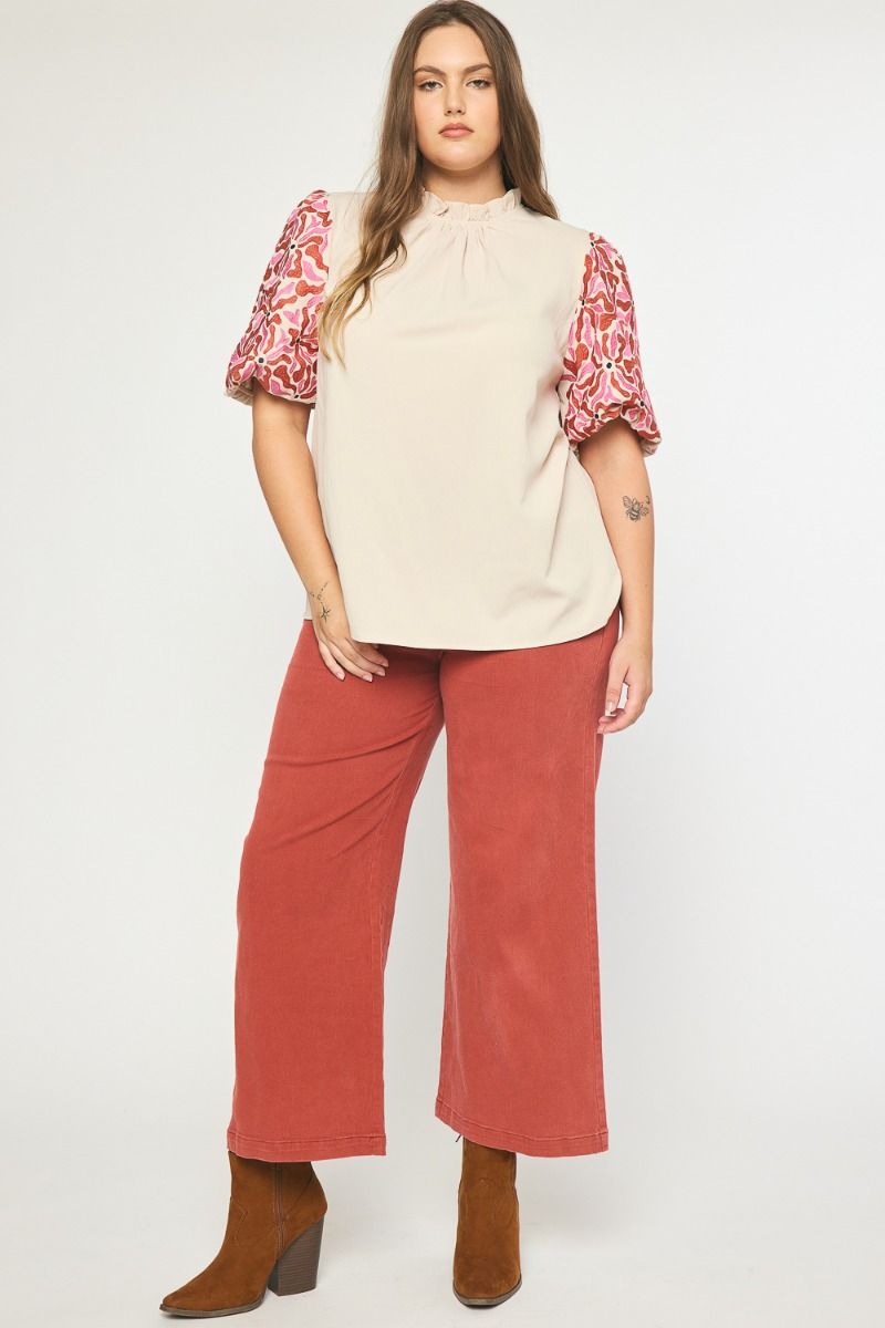 T21585P Curvy Mock Neck Puff Sleeve Top