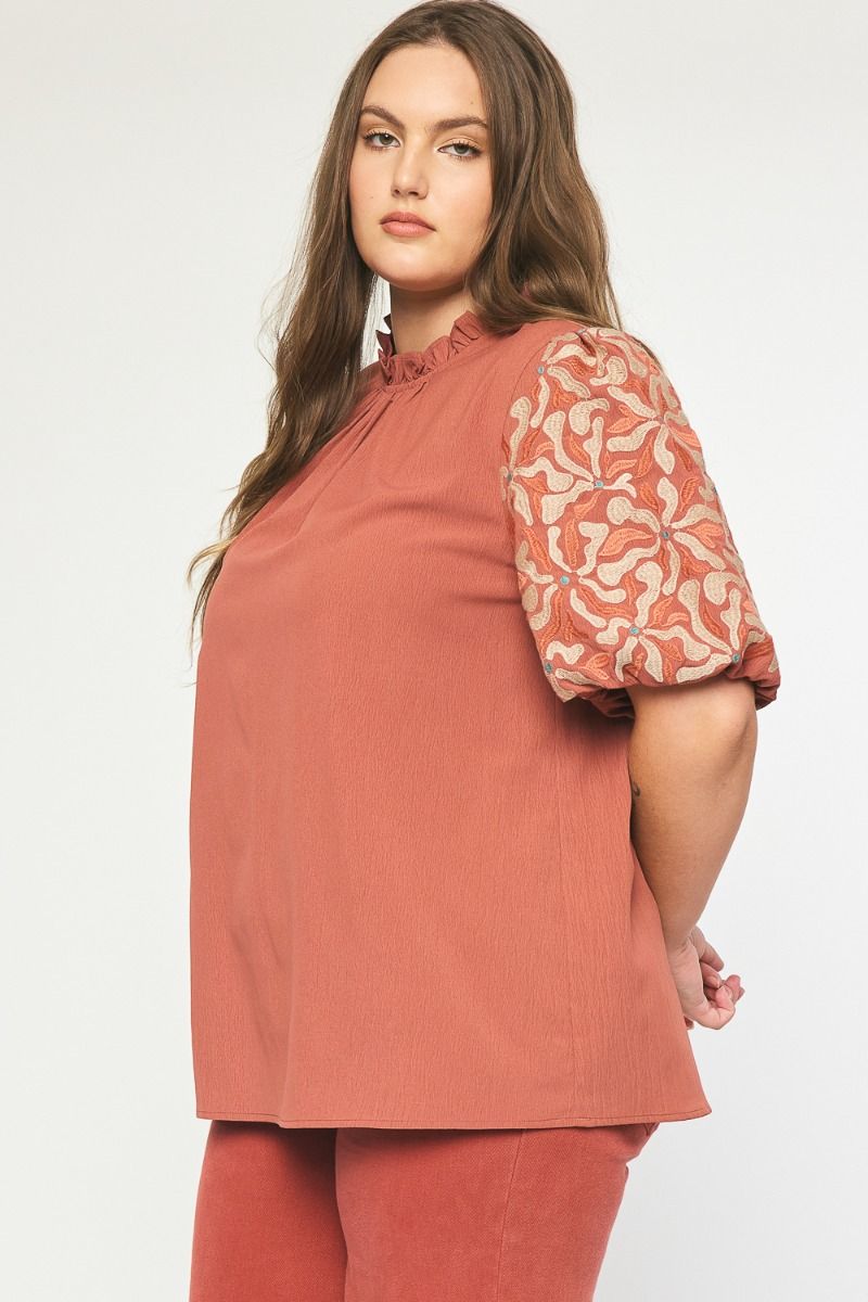 T21585P Curvy Mock Neck Puff Sleeve Top