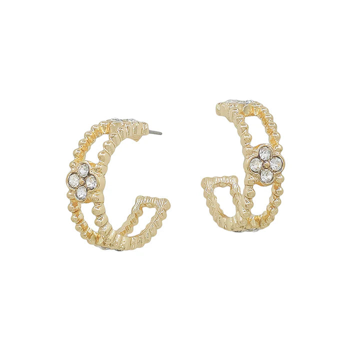 EME3945 Textured Hoop with Rhinestone Clover Accent Earrings