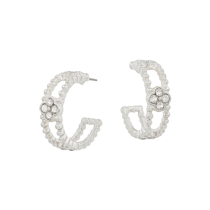 EME3945 Textured Hoop with Rhinestone Clover Accent Earrings