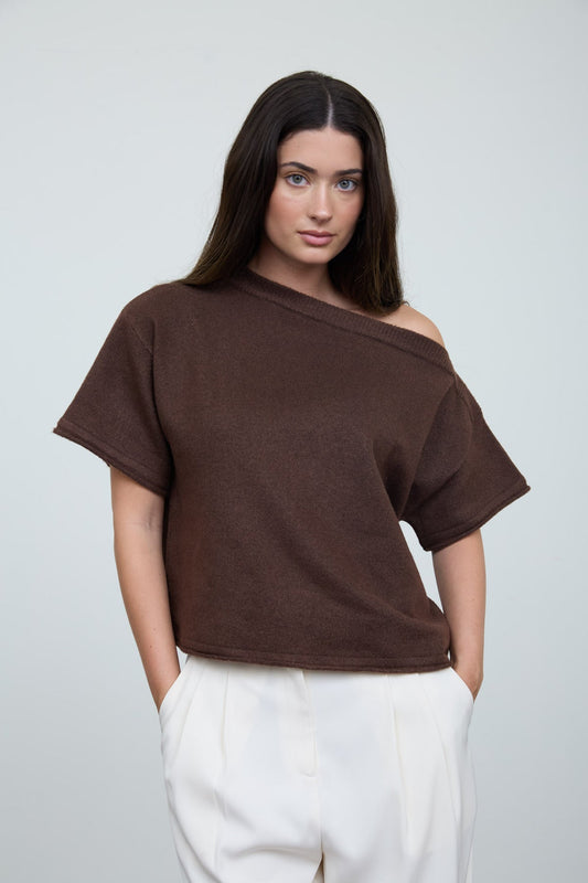TW2340 Off Shoulder Asymmetrical Sweater Top