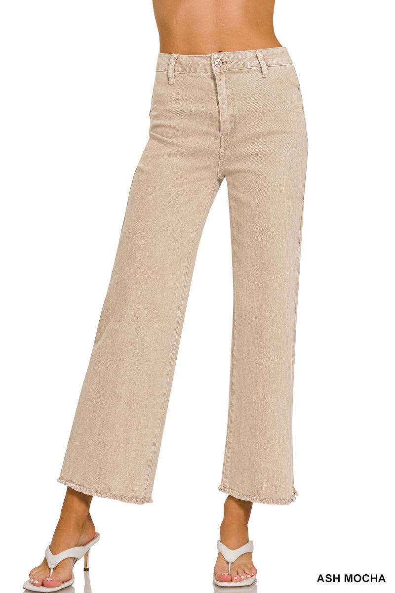 DMP-1856A Acid Washed Frayed Cutoff Hem Straight Wide Pants