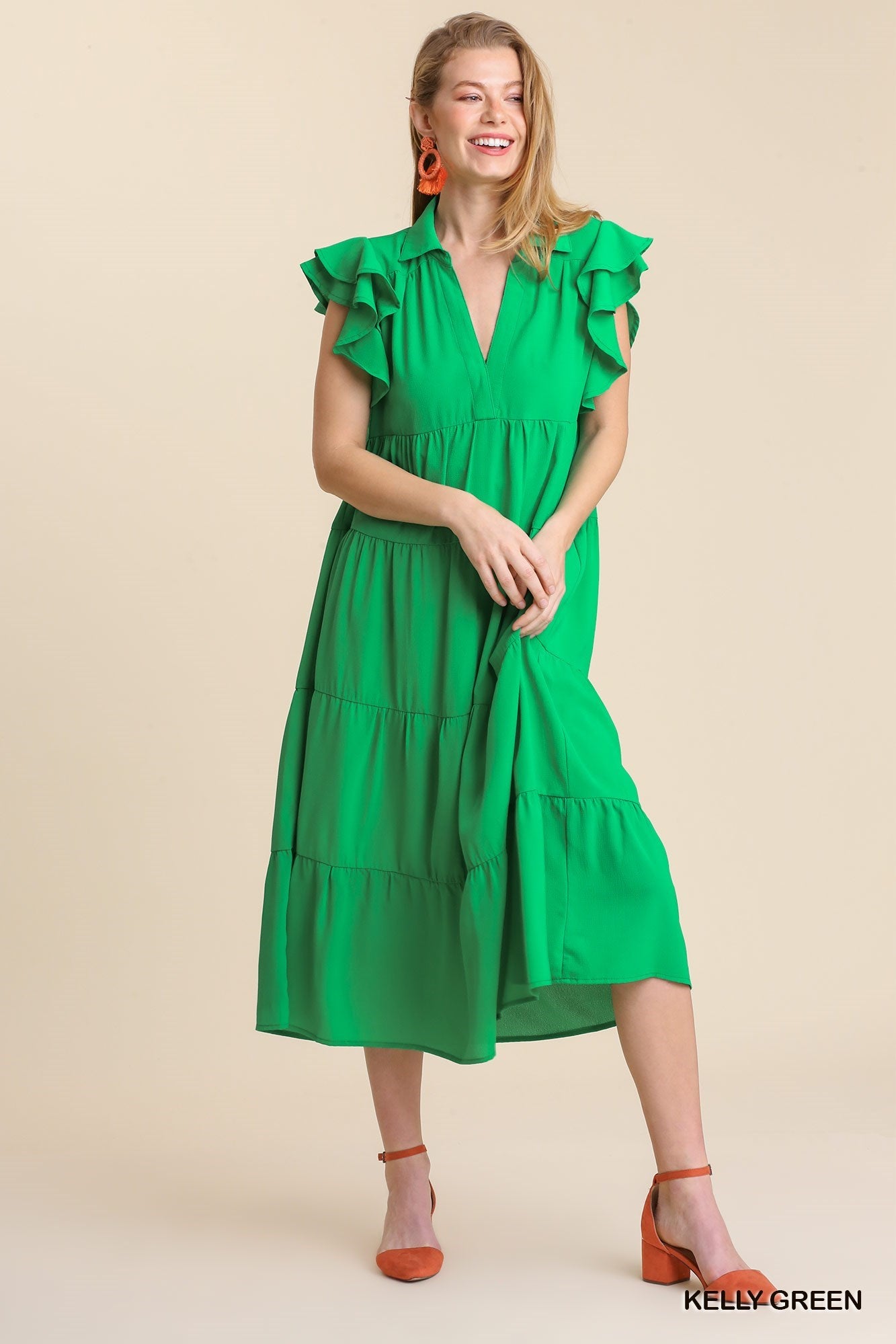 A6973 Collared Short Sleeve Tiered Midi Dress