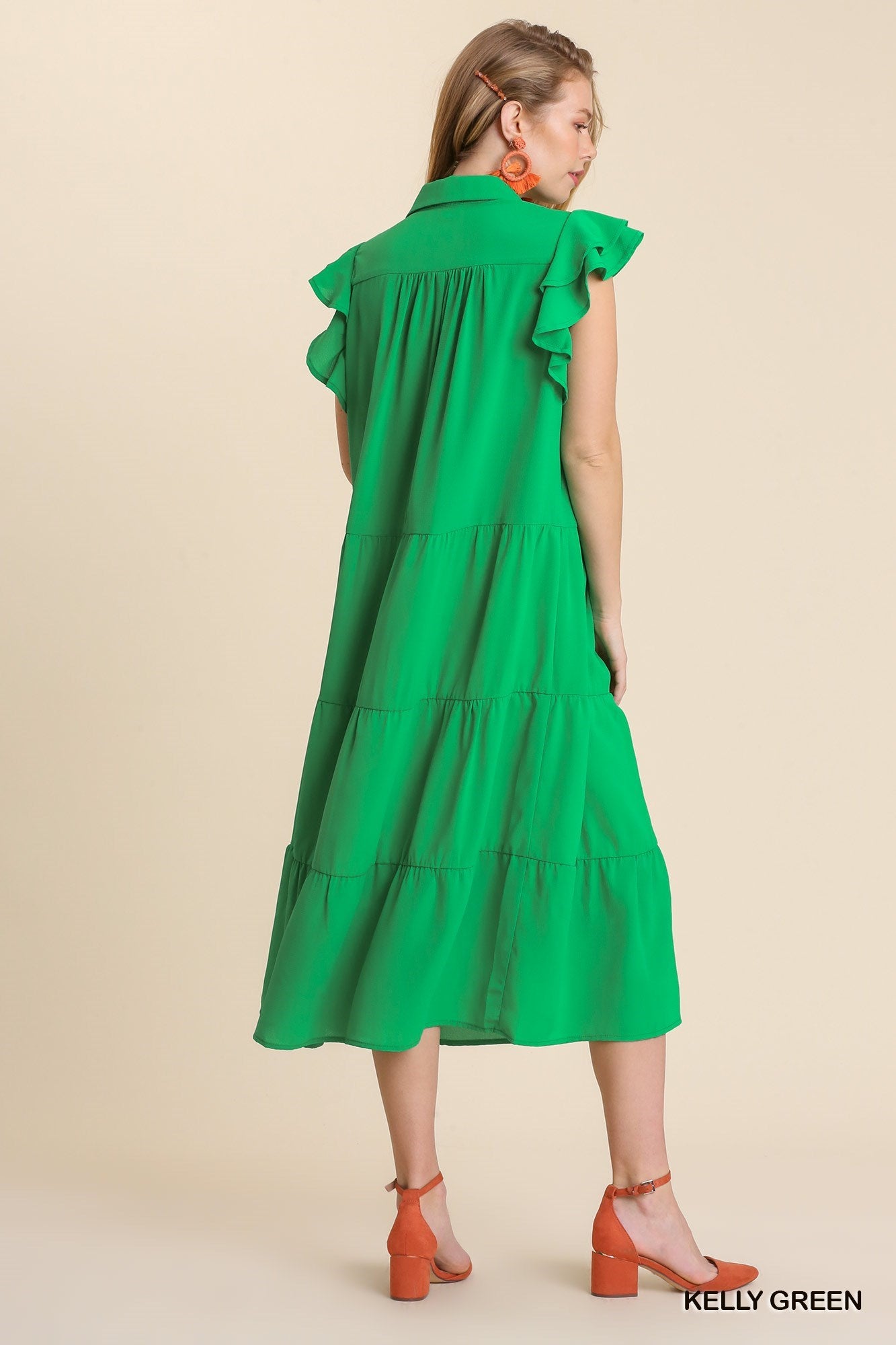 A6973 Collared Short Sleeve Tiered Midi Dress