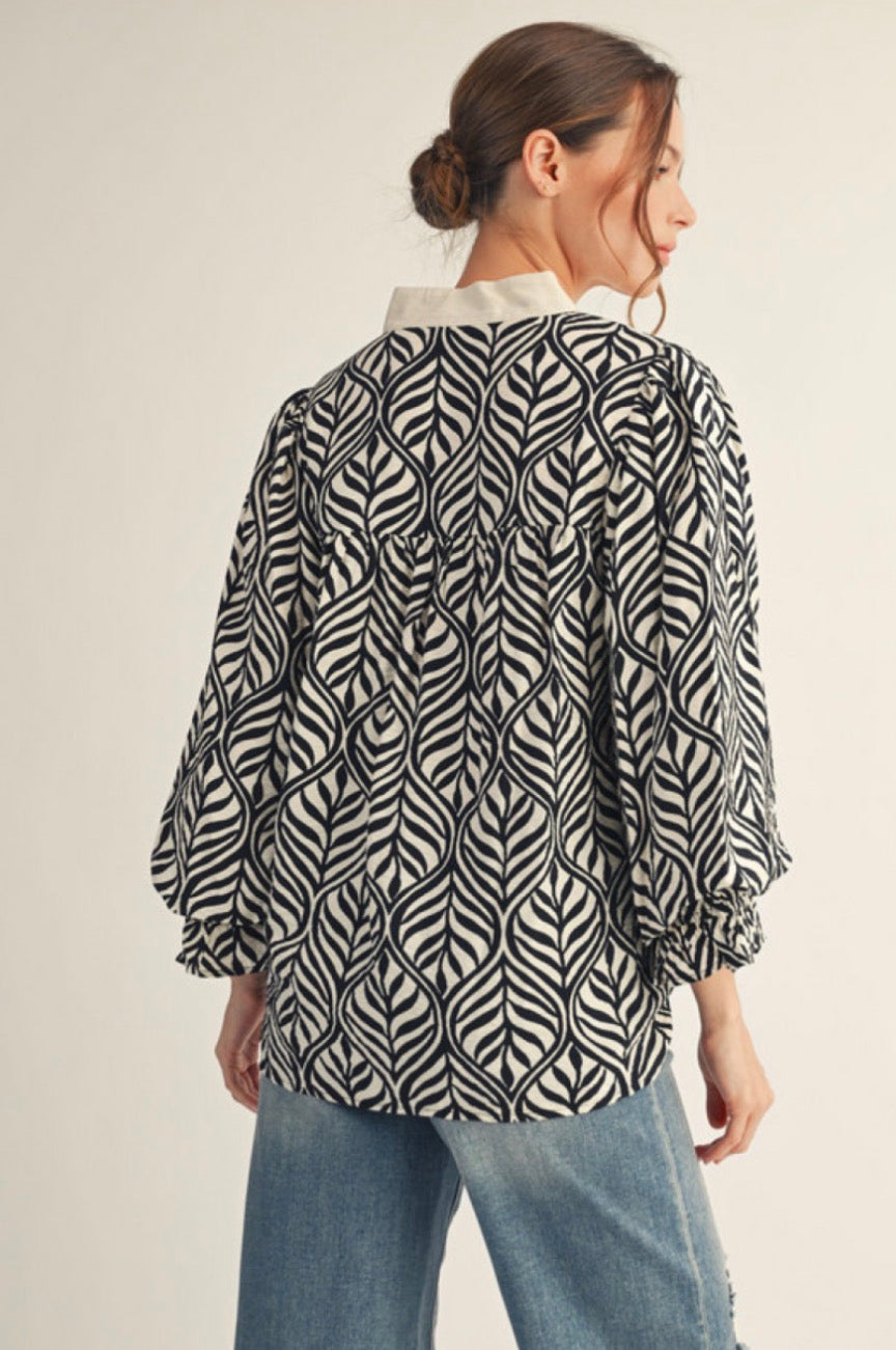 H50038 3/4 Sleeve Boho Leaf Print Top