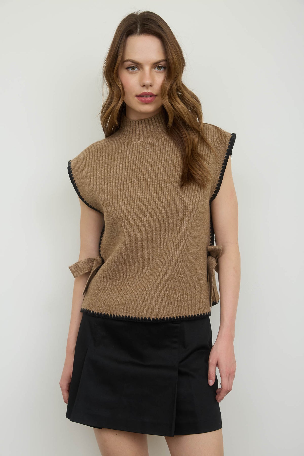 CR2733 Mock Neck Side Tie Sleeveless Sweater