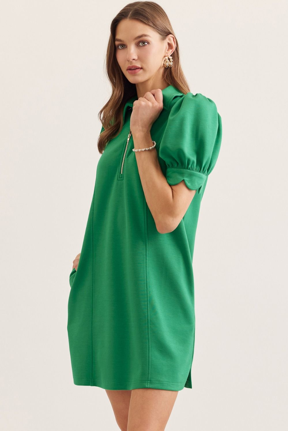 D30134 Solid Mini Dress with Scallop Details