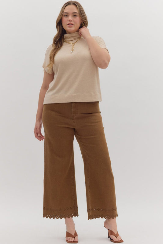 P26396P Curvy Floral Embroidered Border Hem Pants