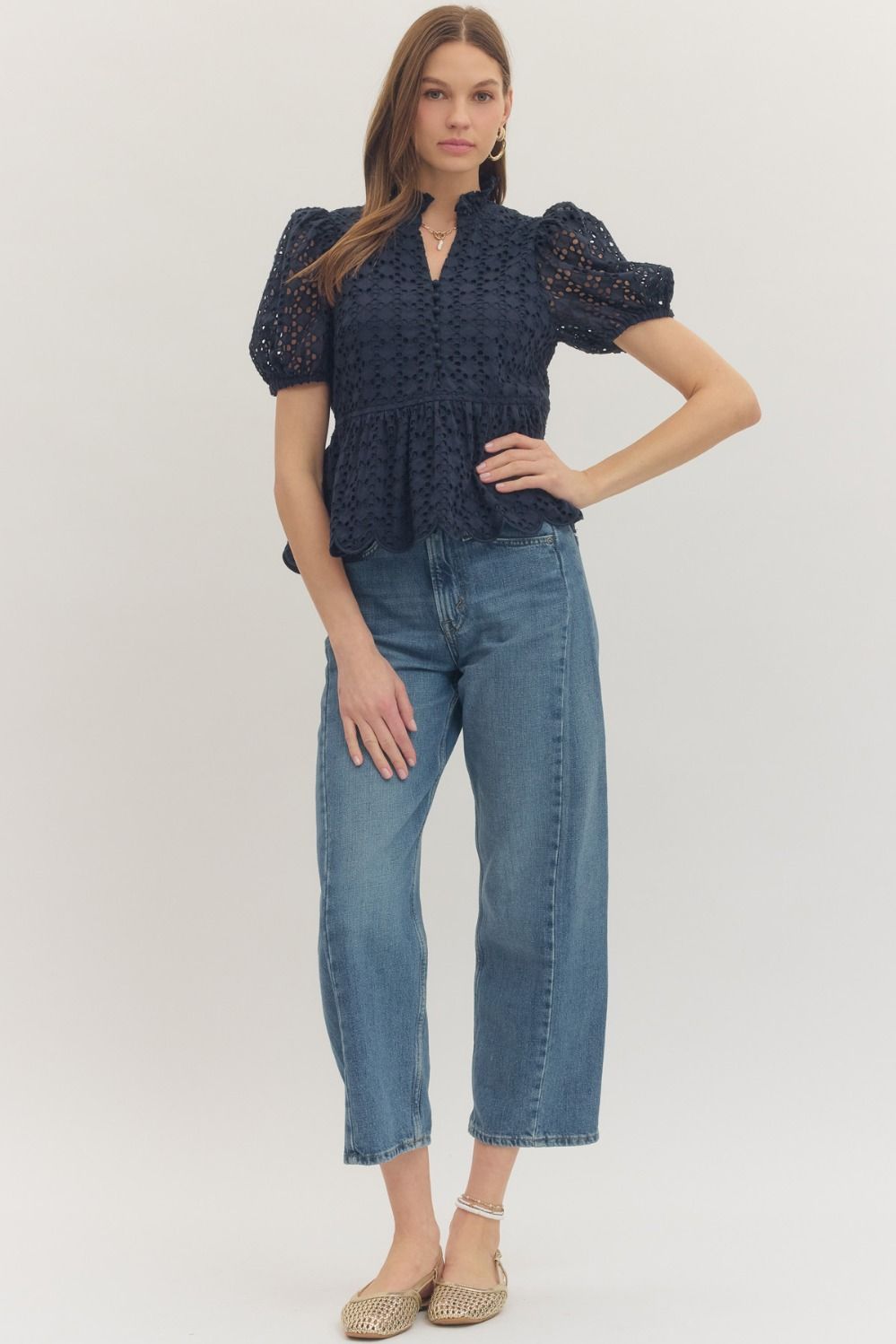 T30420 Short Sleeve Eyelet Top