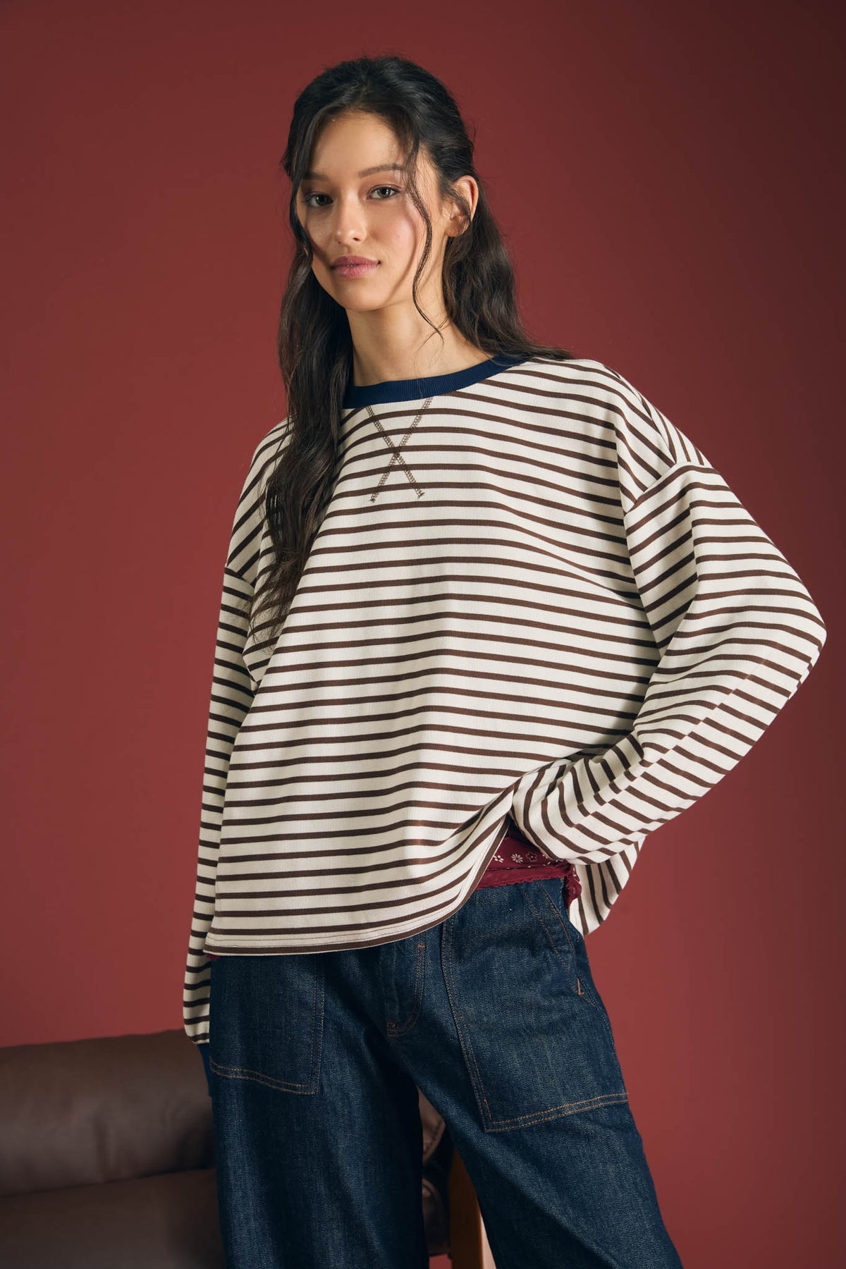 B6FT1069 Stripe V-Stitch Top
