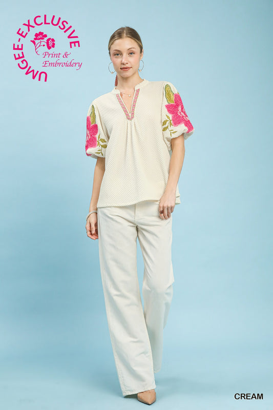 K1858 Textured Jacquard Bubble Sleeve Top