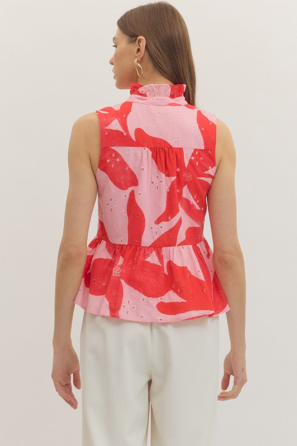 T30890 Botanical Print Sleeveless Peplum Top