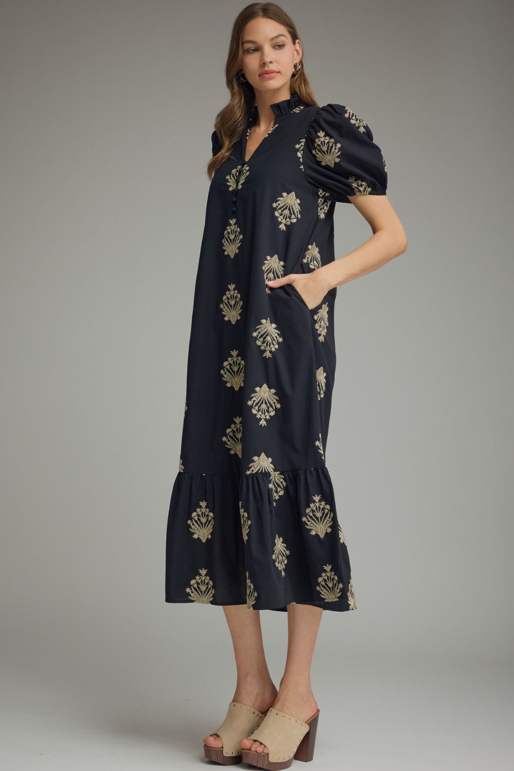 D30221 Embroidered Botanical Midi Dress