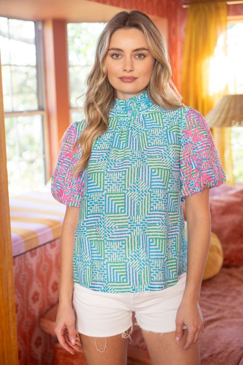 36395 Smocked Mock Neck Embroidered Sleeve Top