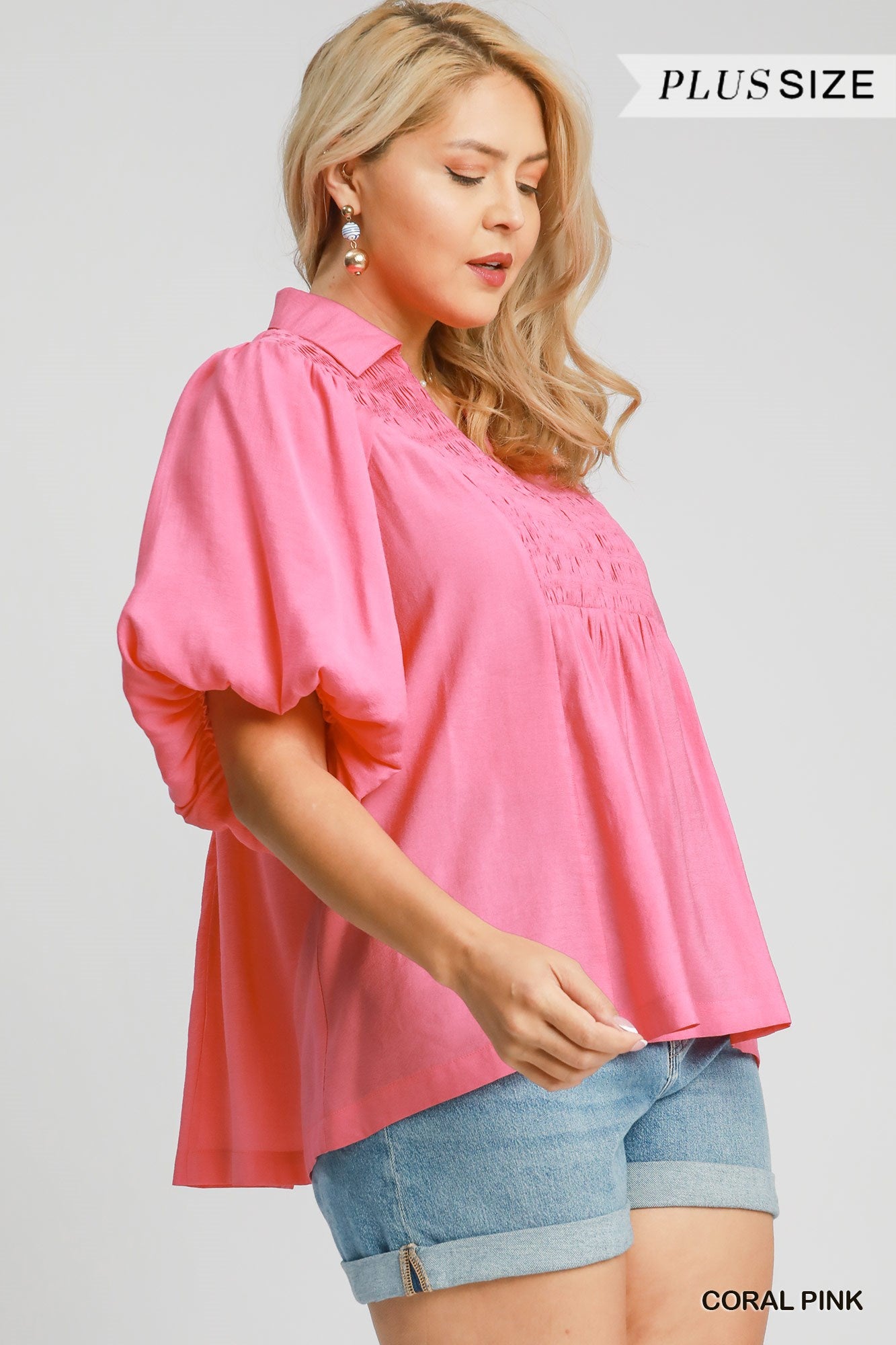 WK9499 Curvy Solid Bubble Sleeve Top
