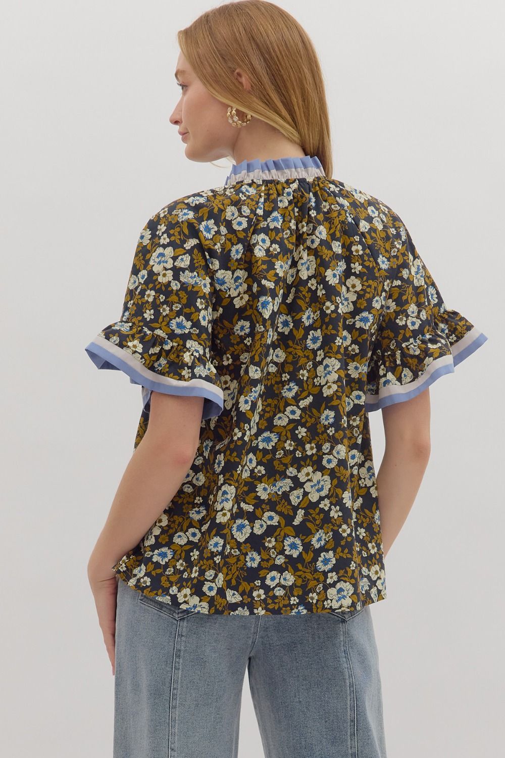T28016 Floral Print Short Ruffle Sleeve Top