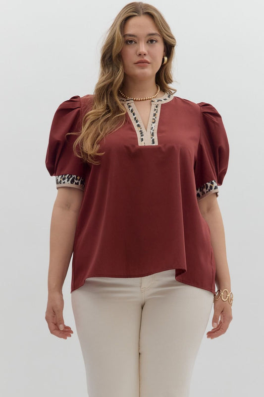 T26719P Curvy Solid and Leopard Print Top