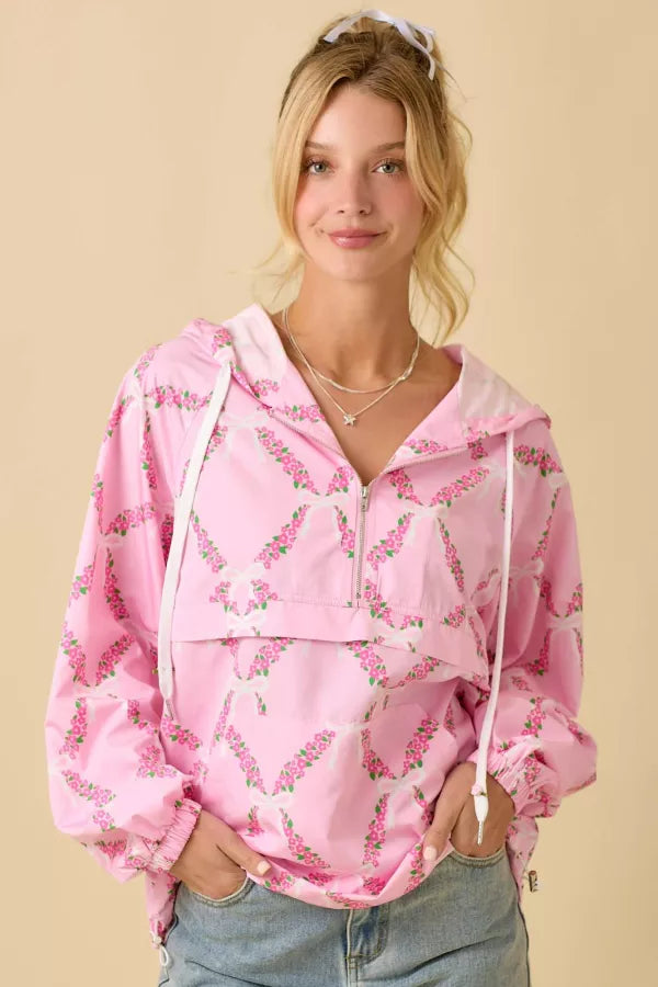 LJ61399 Coquette Ribbon and Floral Windbreaker Jacket