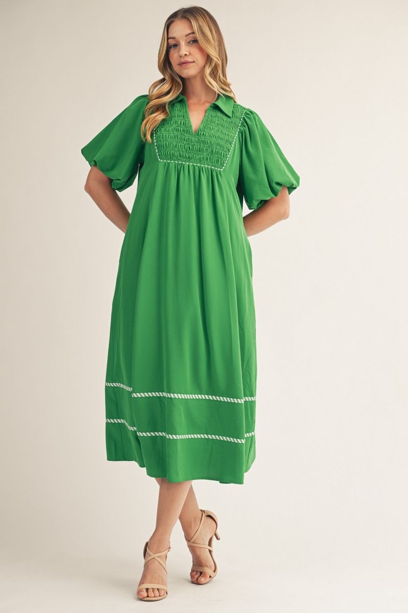 G15631 Front Smocking Detail Midi Dress